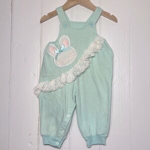 VINTAGE BUSTER BROWN Girls Bunny Embroidered Appliqué Lace Ruffle Overalls